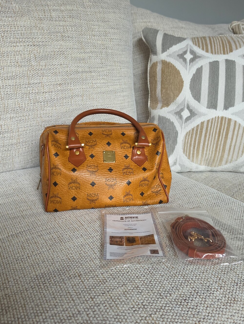 MCM Visetos Cognac Monogram Boston Bag